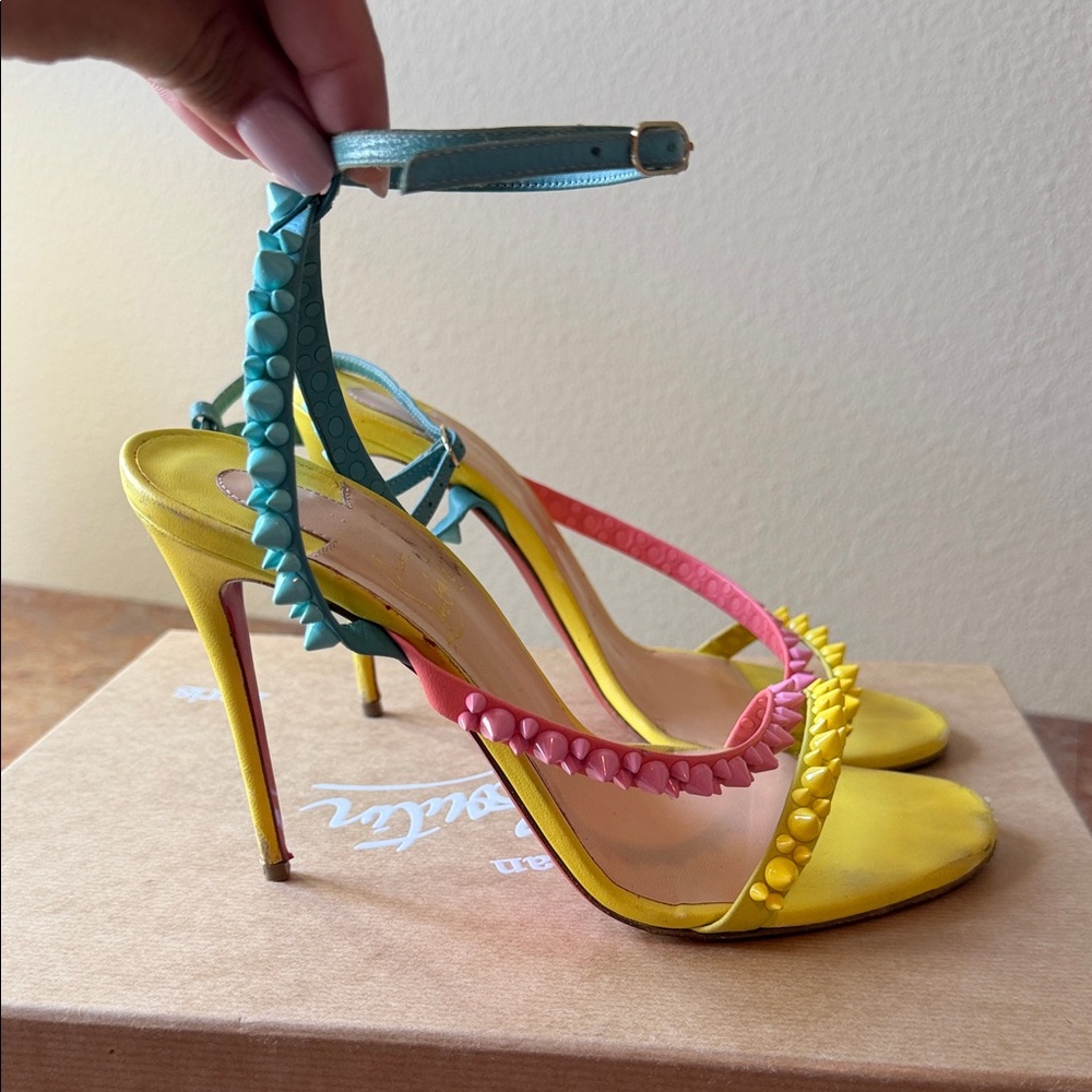 Christian Louboutin Yellow, Pink & Teal Studded Stiletto Sandals 38